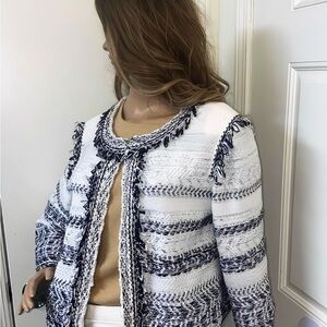 Women's White and Blue Tweed Jacket